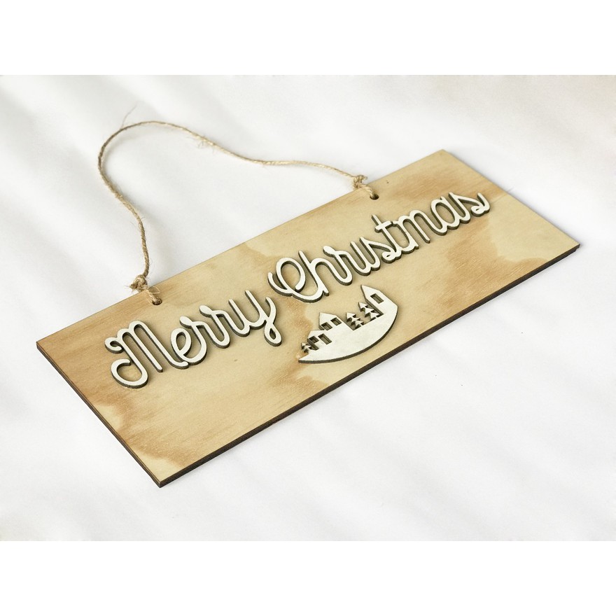 Phụ kiện trang trí Noel: Bảng treo cửa vintage hình chữ nhật khắc chữ Merry Christmas