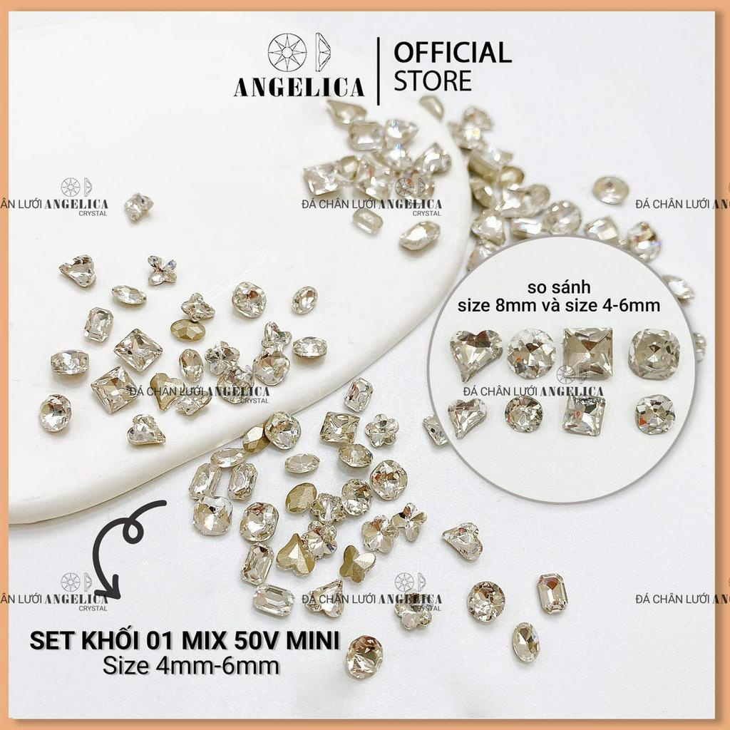 Set đá khối chân nhọn 50 viên mini mix size màu trắng, trà, 7 màu, ab ánh xanh, phụ kiện ngành nail