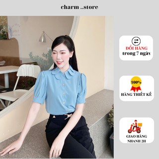 Áo sơ mi tay bồng cổ xếp tay nhắn - chất liệu lụa hàn mềm mịn ba màu trắng, nude, xanh