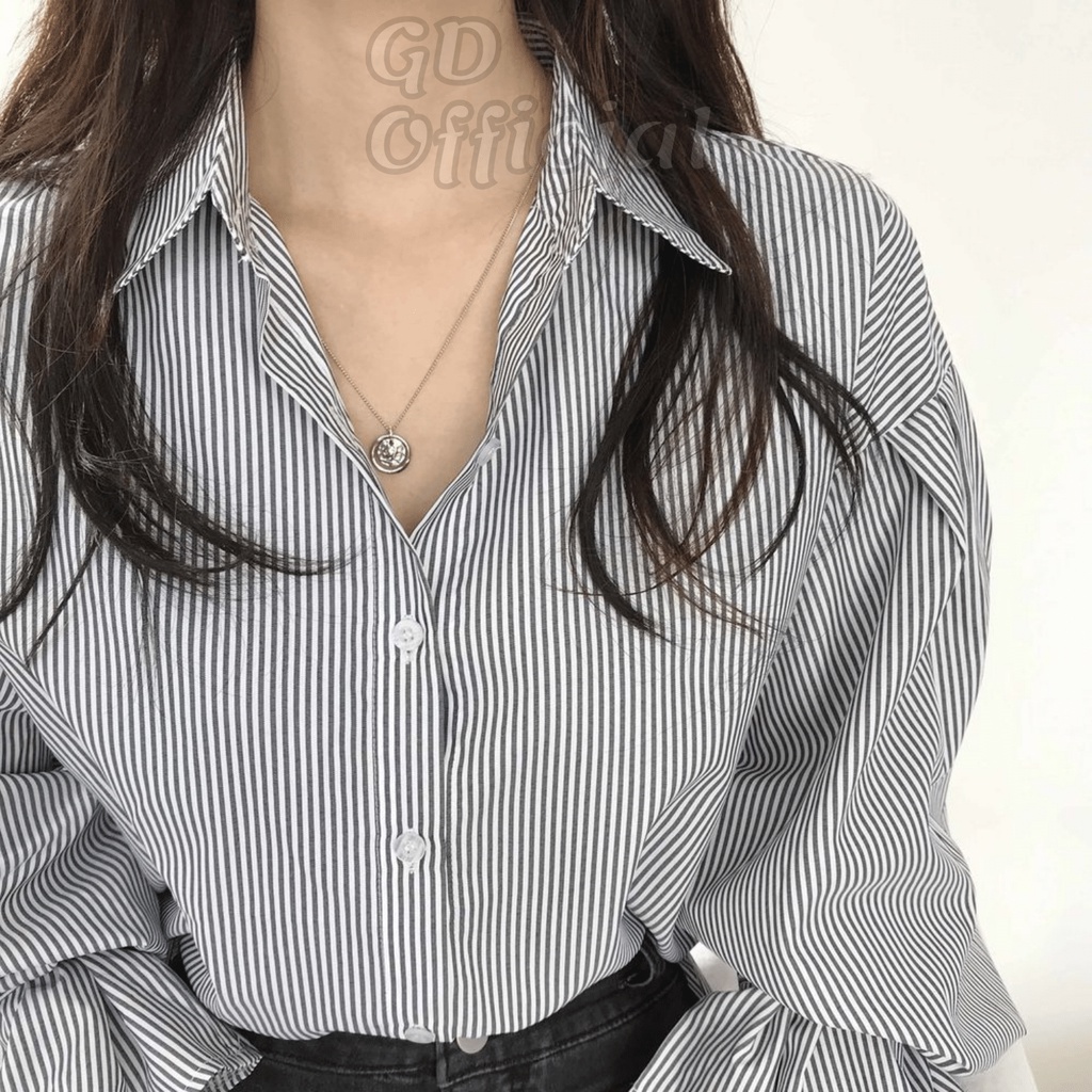 A37|Áo sơ mi kẻ sọc tay phồng cá tính dáng rộng cho nữ màu xanh, đen GD Official