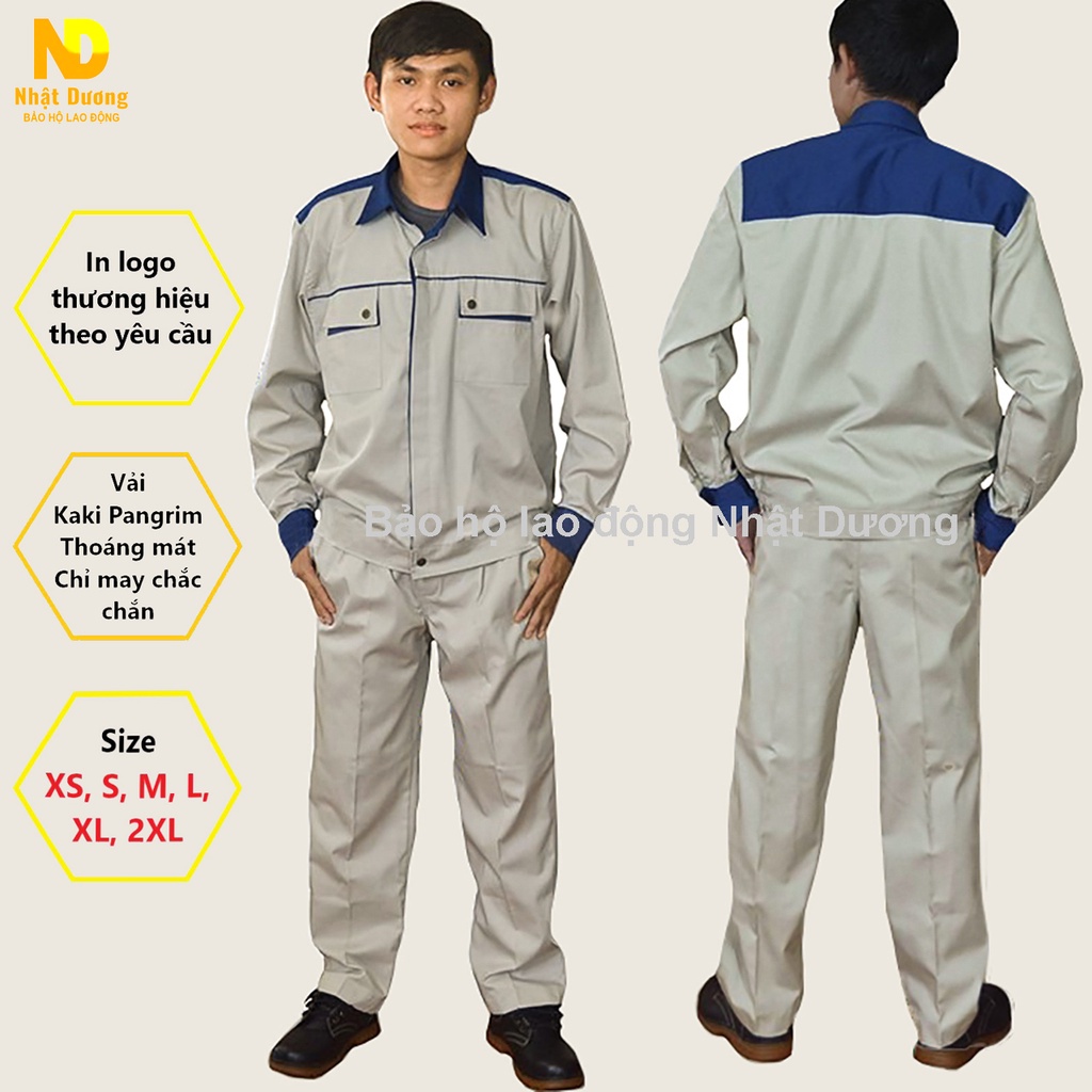 Quần áo lao động nam vải kaki pangrim hàn quốc màu xám ghi, đồ bảo hộ lao động cao cấp Tinba 01