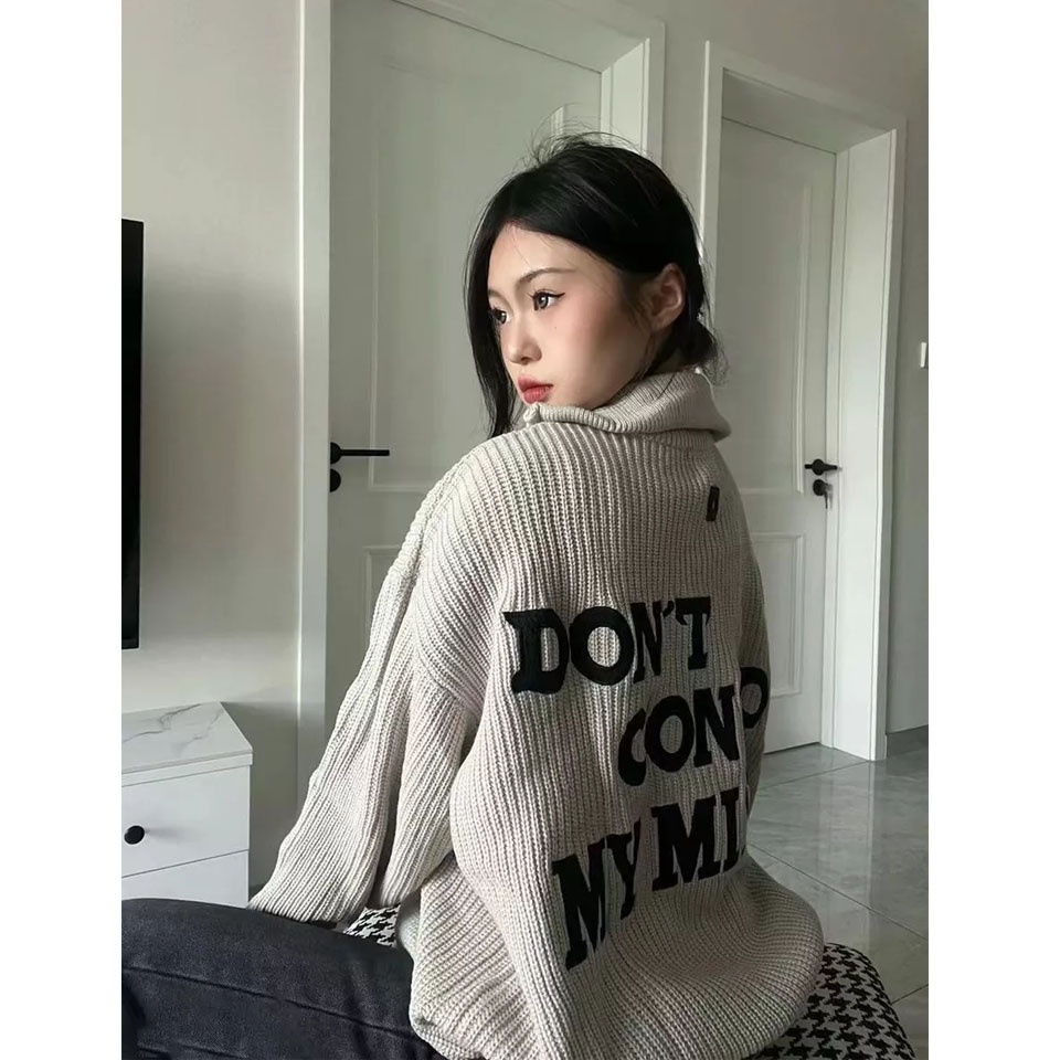 BF007 Áo Khoác cardigan Dệt Kim Hai Đầu Cổ Lọ Tay Dài Dáng Rộng Thêu Họa Tiết Có Khóa Kéo Thời Trang Thu Đông Hàng Mới 2022 Dành Cho Bạn Nữ