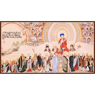 Tranh Phật Giáo - Tranh A Di Đà Thế Giới Cực Lạc -chất liệu vải canvas kim tuyến đóng  nẹp sáo gỗ tự nhiên-BIG SIZE