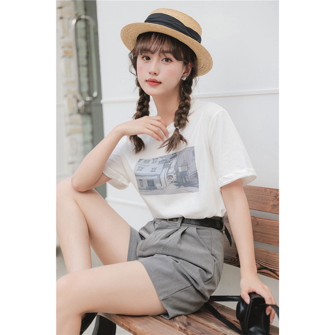 Áo Thun Ngắn Tay Cổ Tròn Dáng Rộng In Họa Tiết Đơn Giản Theo Phong Cách Hàn Quốc