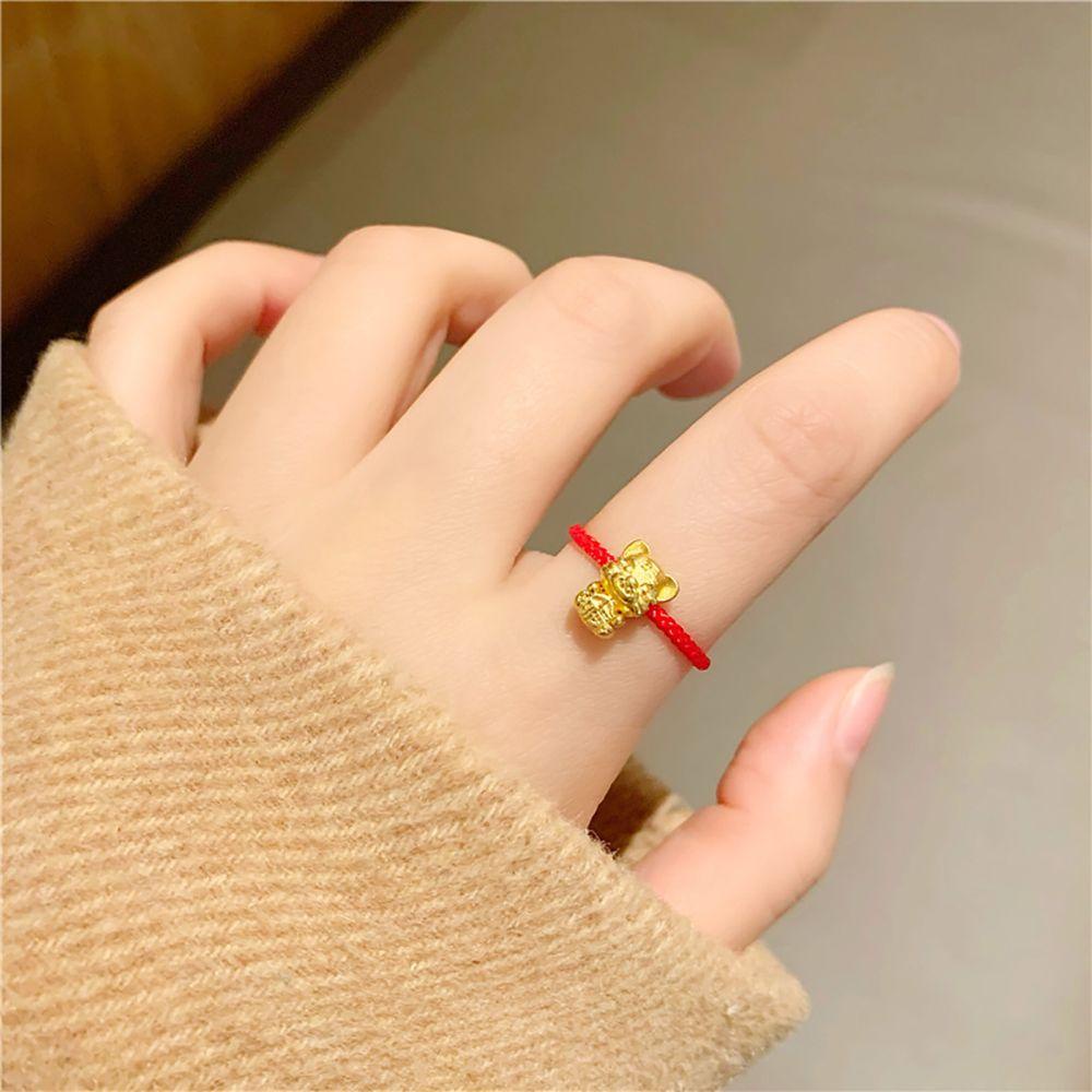 Mocho Nhẫn Hình Con Hổ Phối Dây Đỏ Đen Phong Cách Trung Hoa Cá Tính Cho Nữ