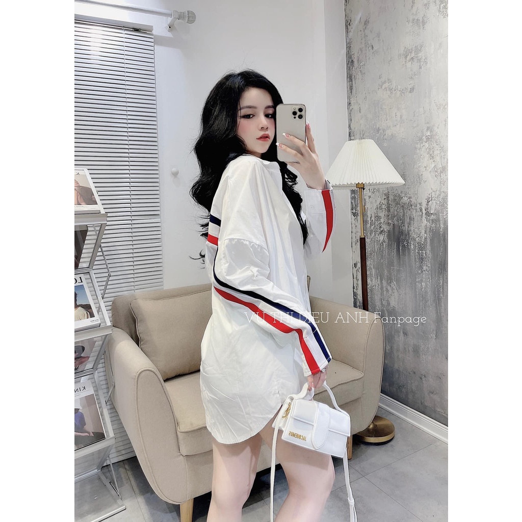 Áo sơ mi trắng viền sọc đỏ-đen nữ phong cách tiểu thư Hàn