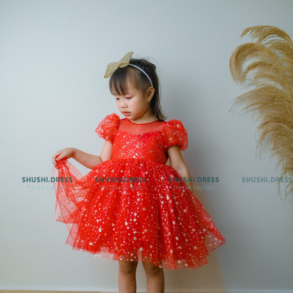 Váy công chúa bé gái, đầm công chúa màu đỏ princess tùng xòe 4 lớp phù hợp với các dịp NOEL và TẾT có kèm nơ TO và cài