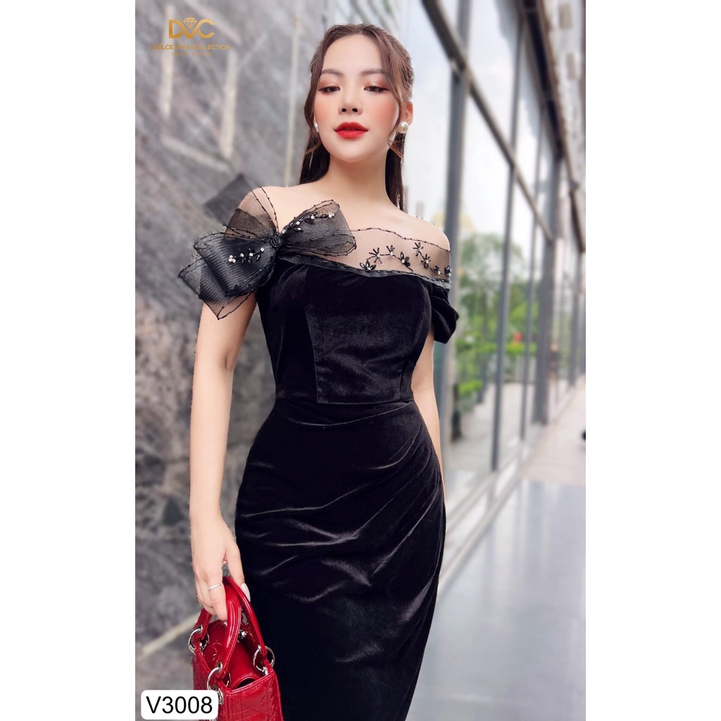 Váy dự tiệc thiết kế màu đen chất nhung cao cấp phối ren ngực V3008- DVC