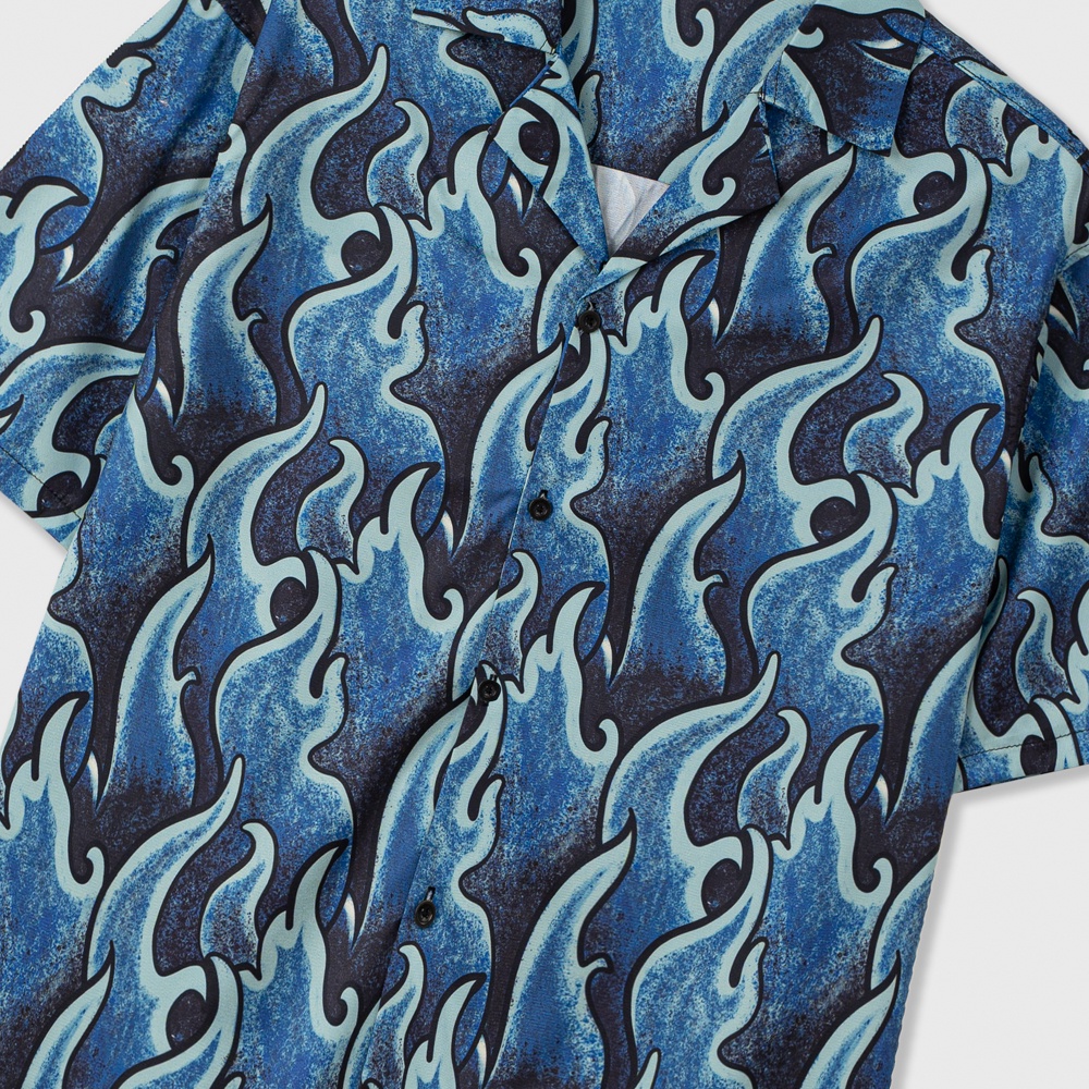 Áo sơ mi ngắn tay Dewens, vải lụa chéo nhập khẩu chống nhắn thoáng mát, hoạ tiết Lửa Xanh - DEWE Cuban Shirt