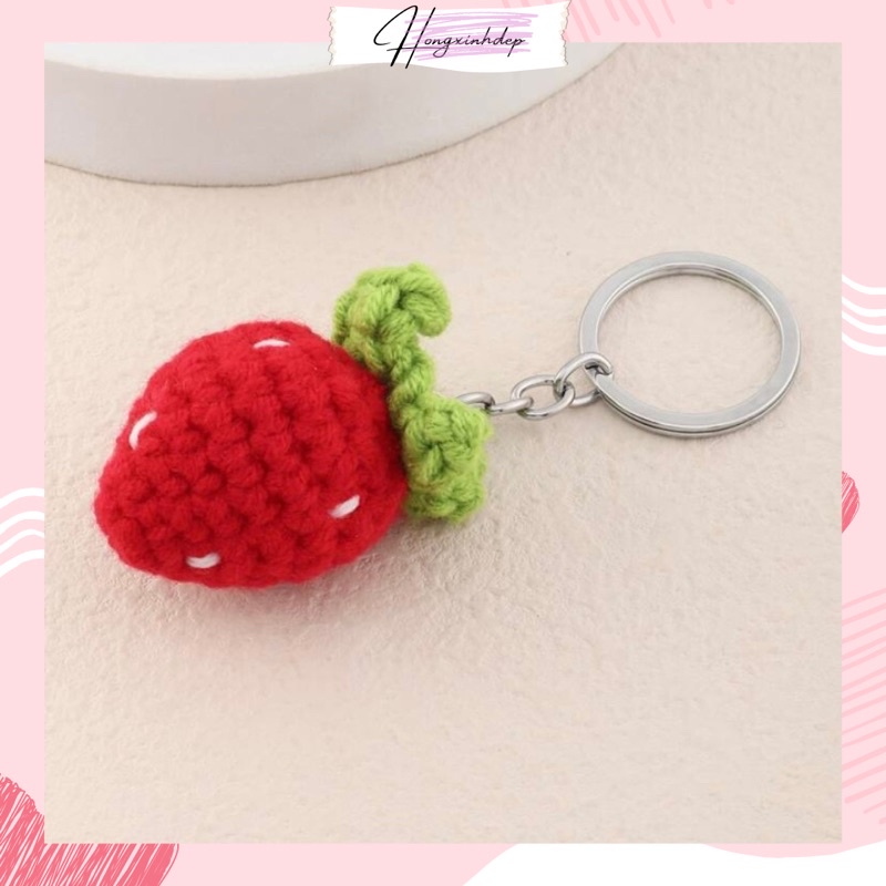 Móc Khóa Đẹp Cute hình trái dâu tây dễ thương bằng len, móc khoá dâu tây handmade