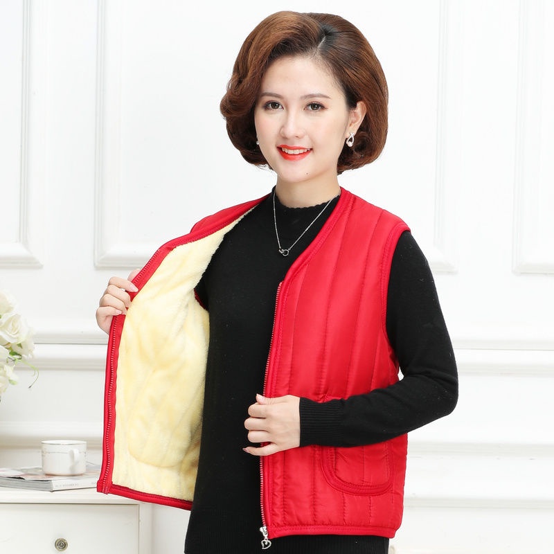 Thu đông cho phụ nữ trung niên và cao tuổi áo vest cotton bó sát người mẹ kết hợp với khoác nhung mỏng không tay