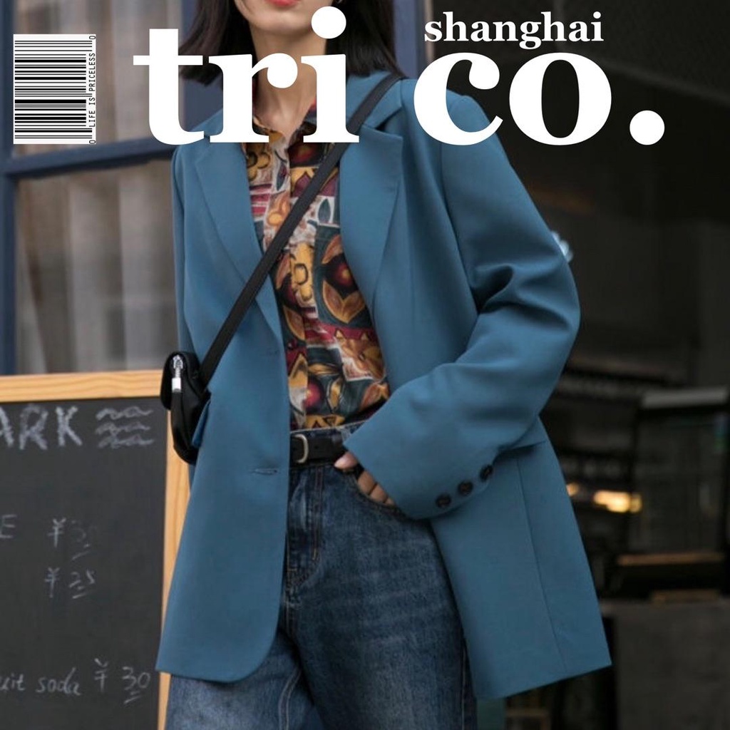 Áo Khoác Blazer Hai Hàng Nút Cài Màu Xanh Dương Dáng Rộng Thời Trang Xuân Thu Hàng Mới 2023