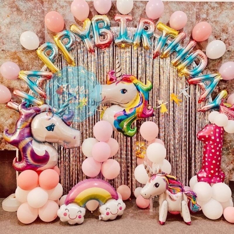 Sét trang trí sinh nhật ngựa pony cho bé gái tặng kèm bơm keo
