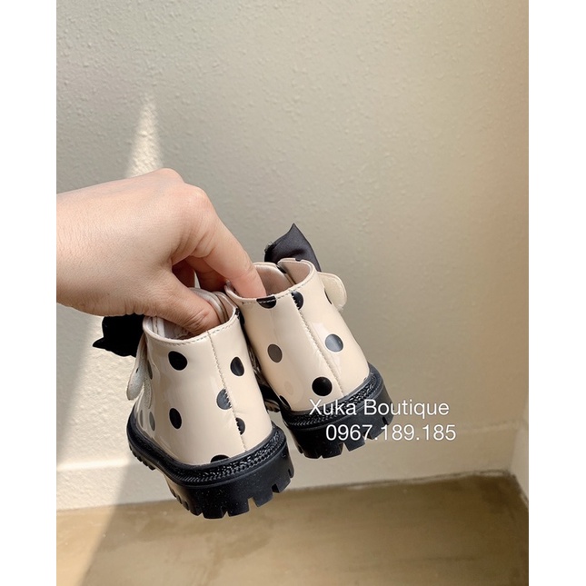 Giày Công Chúa Cao Cấp Bé Gái - Bốt Da Bóng Chấm Bi Có Nơ[Ảnh, Video thật]