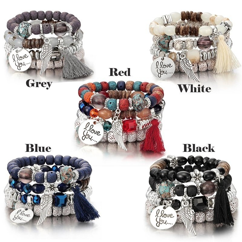 Set 4 vòng tay hạt phối tua rua thời trang boho cho nam nữ
