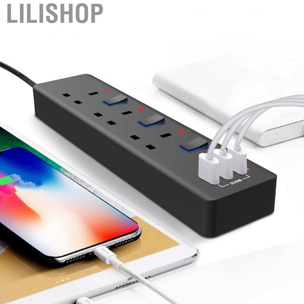 Lilishop Power Strip UK 250V Electrical Socket with Independent Switch 3 Outlet+3 USB Charging Port