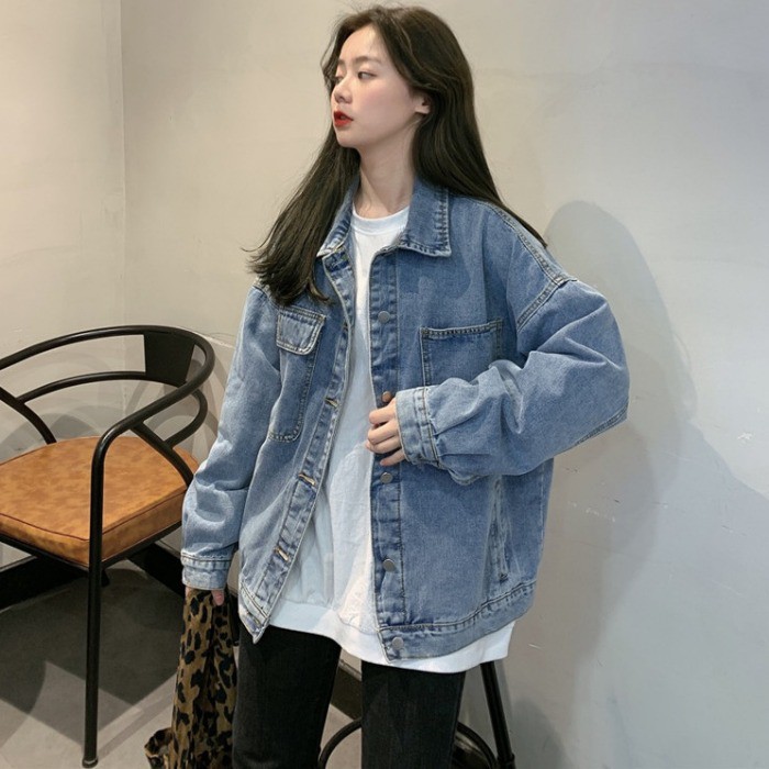 Denim jacket female bf Korean retro tooling loose student long-sleeved outer jacket jacket