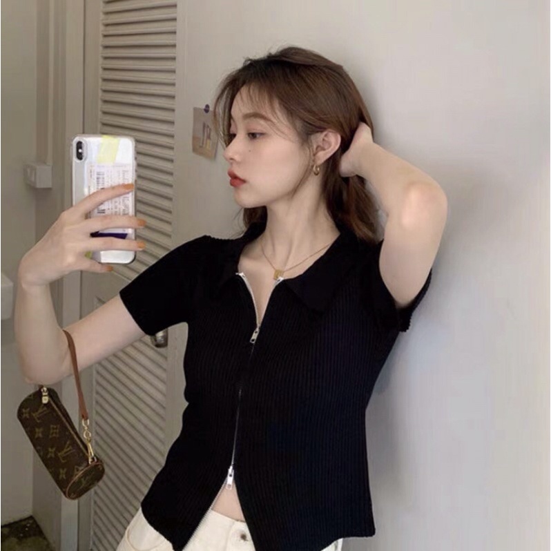 Áo thun dệt kim cardigan ngắn tay polo kéo khóa phong cách Hàn Quốc , freesize