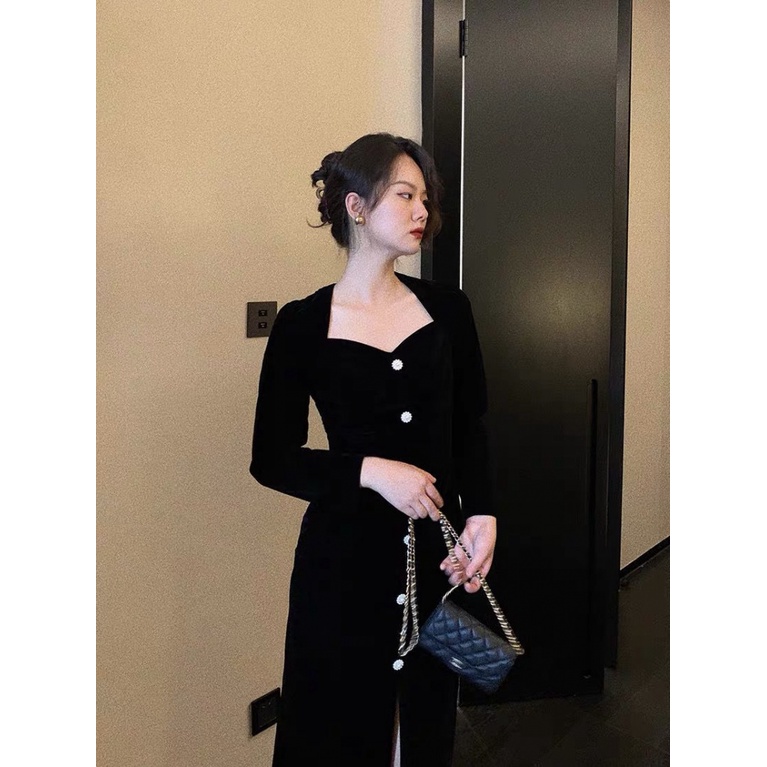 Đầm Dài Ôm Eo Tay Dài Phong Cách Pháp Cổ Điển Thời Trang Thu Đông Hàng Mới Dành Cho Nữ