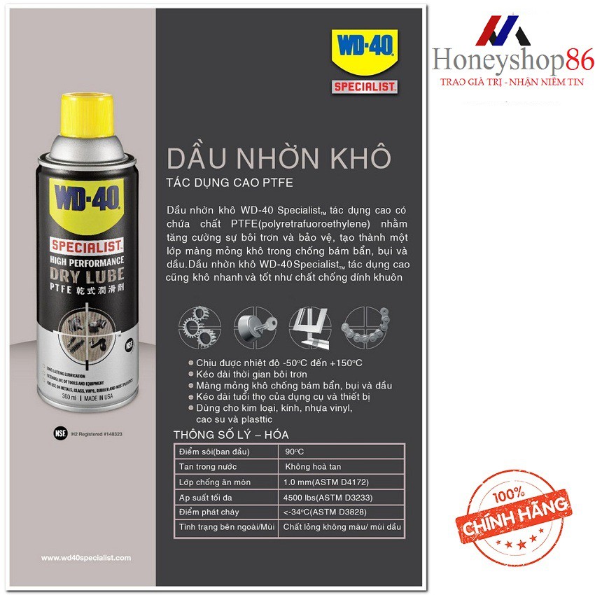 (Mua Nhiều) Mỡ bò khô bôi trơn WD-40 Specialist High Performance Dry Lube (360ml) 35004 HONEYSHOP86