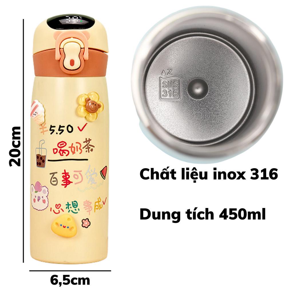 Bình giữ nhiệt cho bé đi học 450ml, bình uống nước cho bé hiển thị nhiệt độ in hình gấu dễ thương _ GICMAN