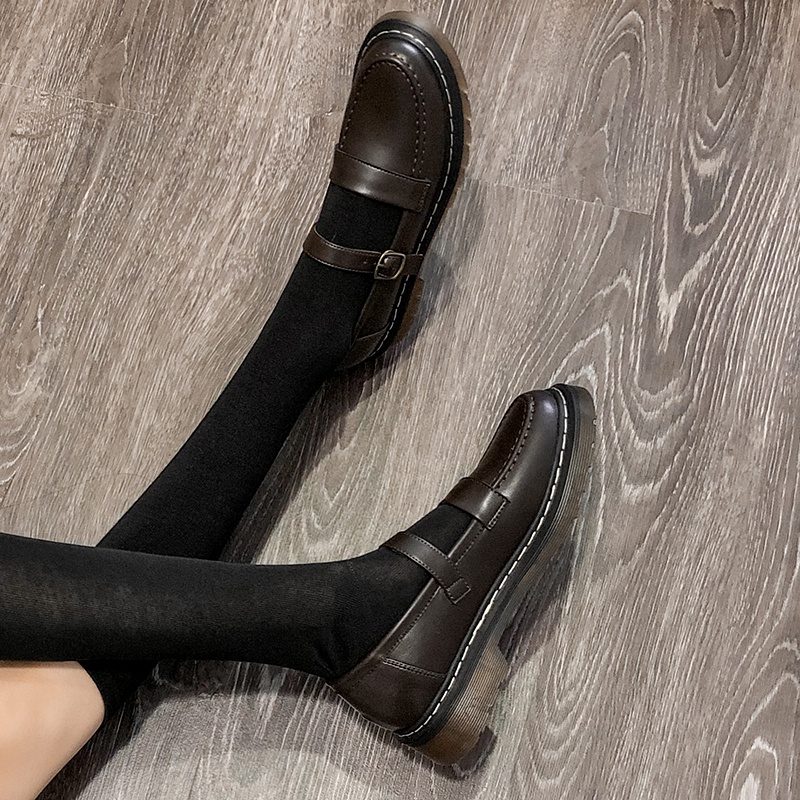 Giày Da Đế Dày Màu Đen Phong Cách Retro Nhật Bản Size 34-42 Cho Nữ
