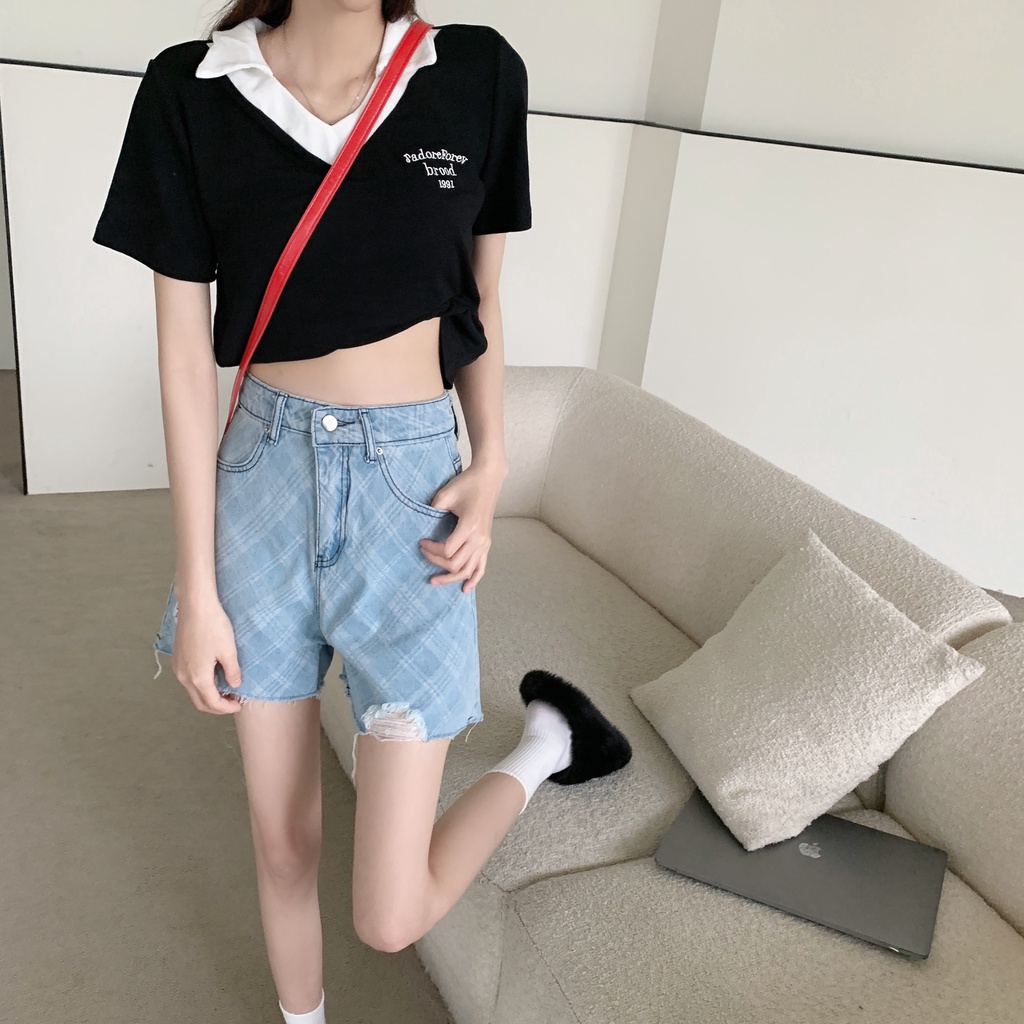 SUXI Quần Short Denim Lưng Cao Dáng Chữ A Màu Trơn Thời Trang Mùa Hè Cho Nữ