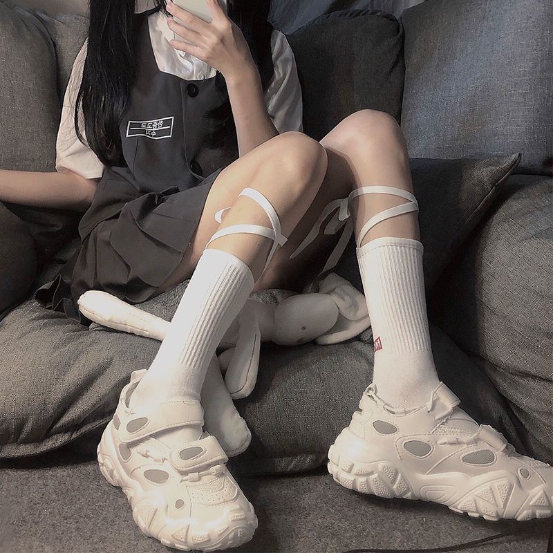 Vớ Gân Dây Duy Băng Nơ Swag - Tất Trơn Gân Kèm Dây Duy Băng Vải