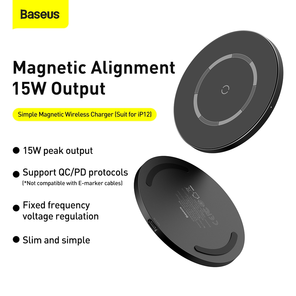 Sạc không dây 15W tối ưu cho iPhone 12 và Android - Baseus Simple Magnetic Wireless Charger