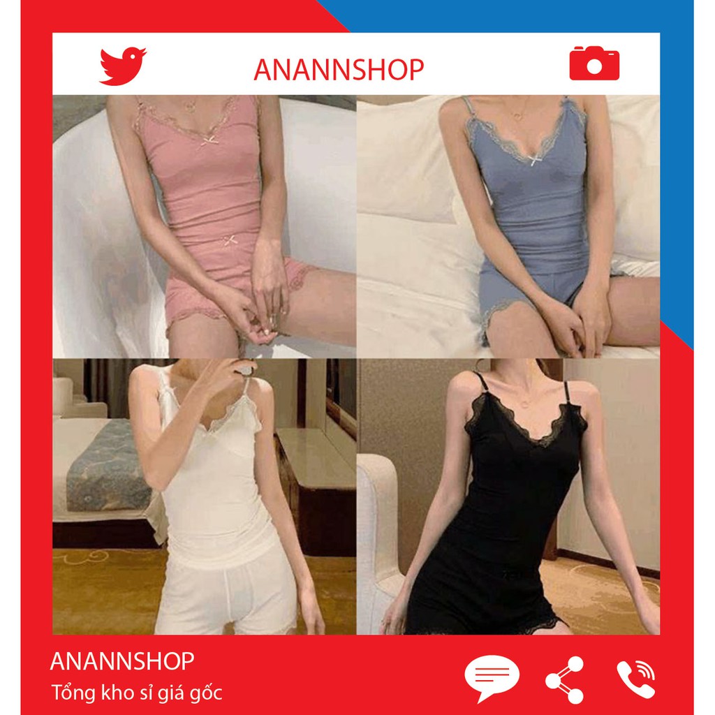 Bộ Đồ Ngủ Mặc Nhà - Bộ Ngủ Gân Tăm Cotton Hai Dây Mềm Mịn Mát Viền Ren Sexy