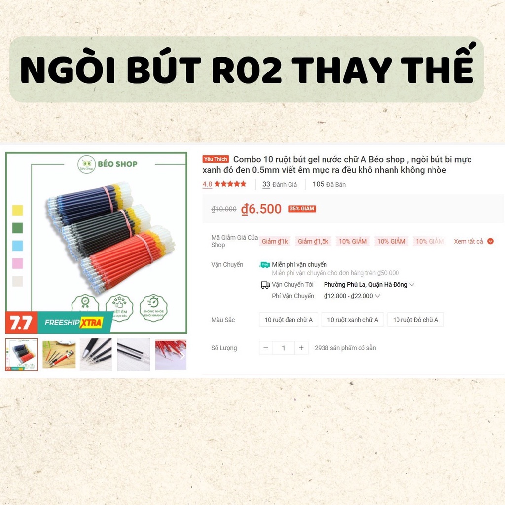 Bút bi gel nắp cài màu xanh đỏ đen PKBEOSHOP  viết bi cao cấp ngòi 0.5mm có thể thay ruột B25