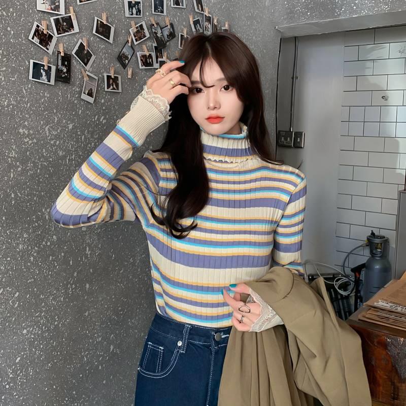 Áo len ZHELIHANGFEI tay dài cổ lọ họa tiết sọc theo phong cách phương Tây dễ phối đồ