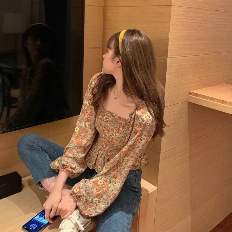 Áo Chiffon Tay Dài In Hoa Phong Cách Retro Cho Nữ