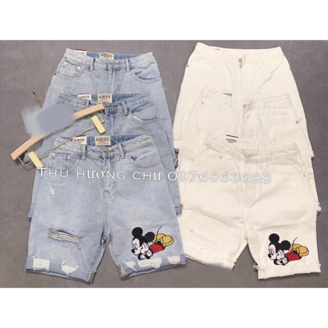 Jean ngố rách thêu mickey cho nữ