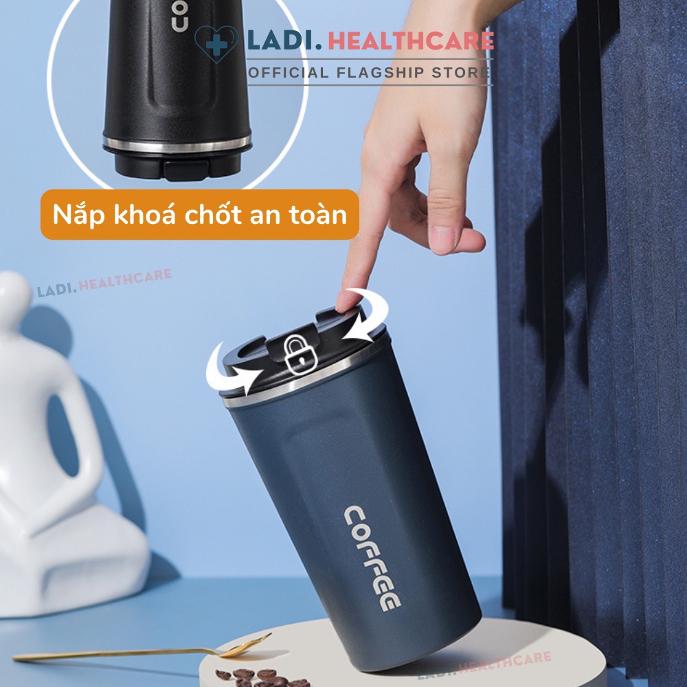 Cốc giữ nhiệt 510ml LADI ly coffee holic inox 304, bình giữ nhiệt 12h tặng Sticker trang trí