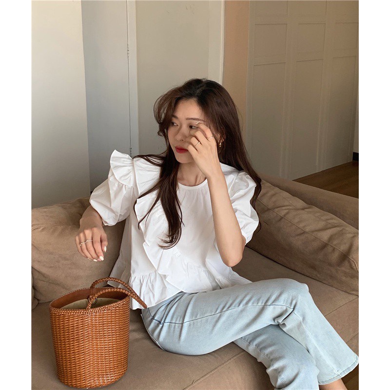 Áo Sơ Mi Trắng Tay Ngắn Cổ Tròn Nhún Bèo 44606