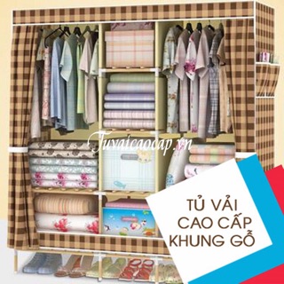 Tủ vải quần áo khung gỗ cao cấp 3 buồng 8 ngăn -ghi