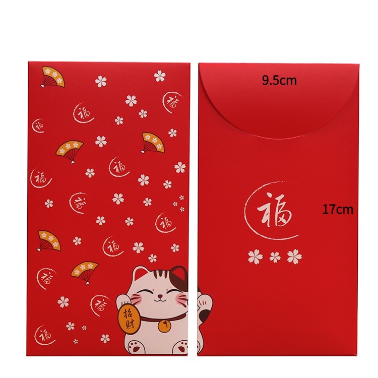 Bao Lì Xì Đỏ Hình Mèo May Mắn 9.5 * 17cm Phong Cách Nhật Bản