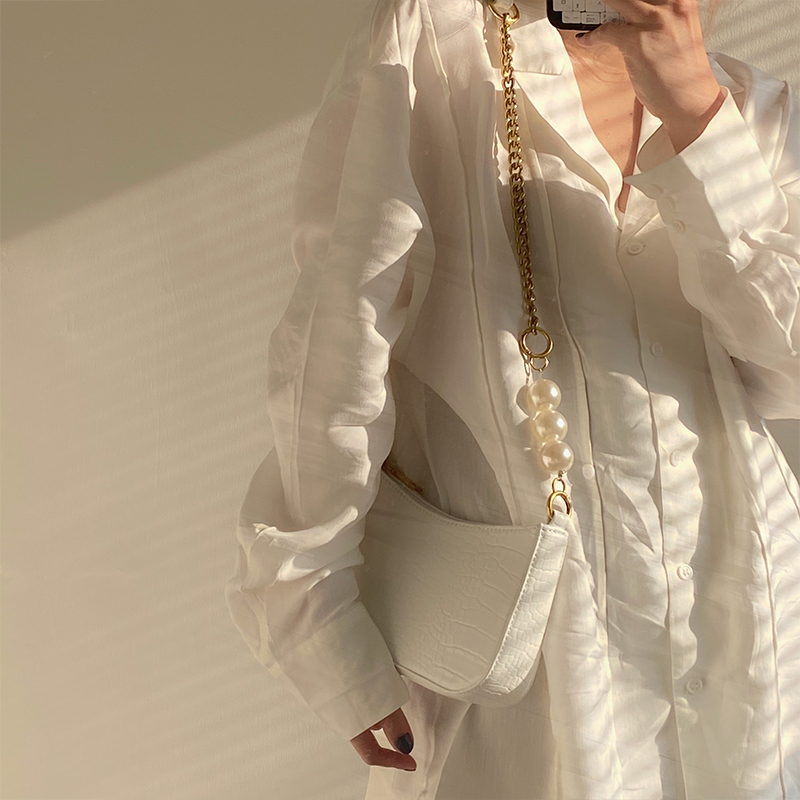 Túi Xách Phối Dây Xích Đính Ngọc Trai Kiểu Vintage Pháp Sang Trọng Thời Trang