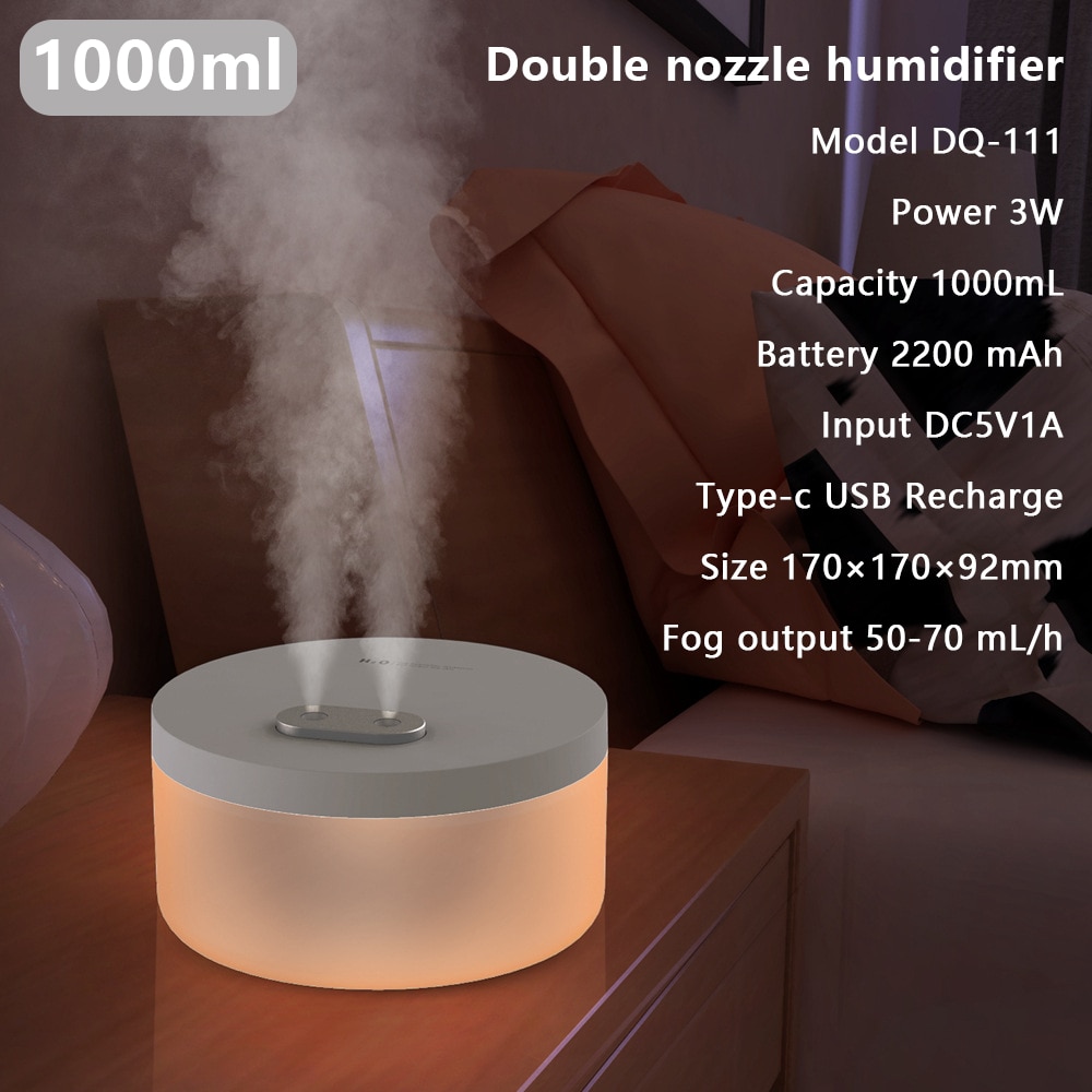 1000ML Large Capacity Air Humidifier Dual Spray 2200mAh USB Rechargeable Wireless Ultrasonic Xiomi Aroma Diffuser Light Fogger