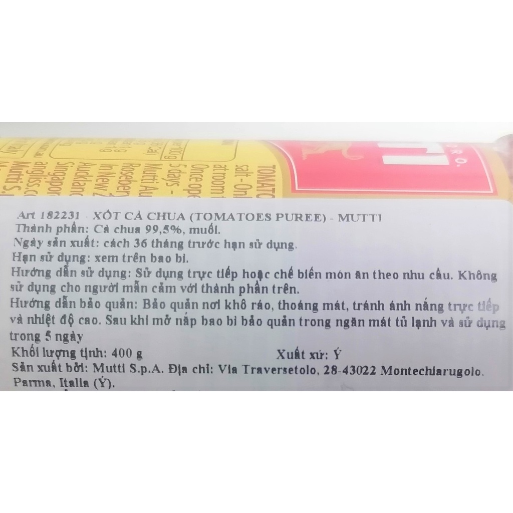 [Chai TT 400g] XỐT CÀ CHUA ĐẬM ĐẶC [Italia] MUTTI Passata Tomatoes Puree