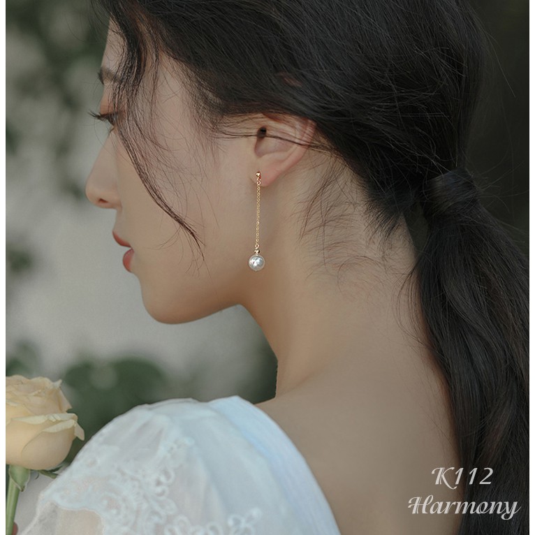 Bông tai, Khuyên tai nữ bạc mạ vàng ngọc trai nhân tạo dài sang chảnh, xinh xắn K112| TRANG SỨC BẠC HARMONY