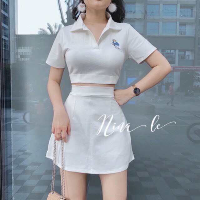 Sét bộ áo croptop thêu lính phối chân váy kèm lót cực xinh , chất thun  bozip mềm mịn co giãn