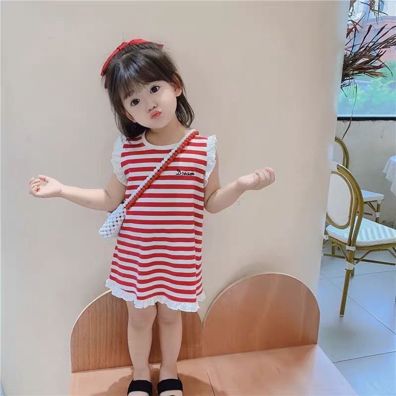 Đầm thun không tay kẻ sọc thiết kế mới thời trang mùa hè theo phong cách hàn quốc cho bé gái