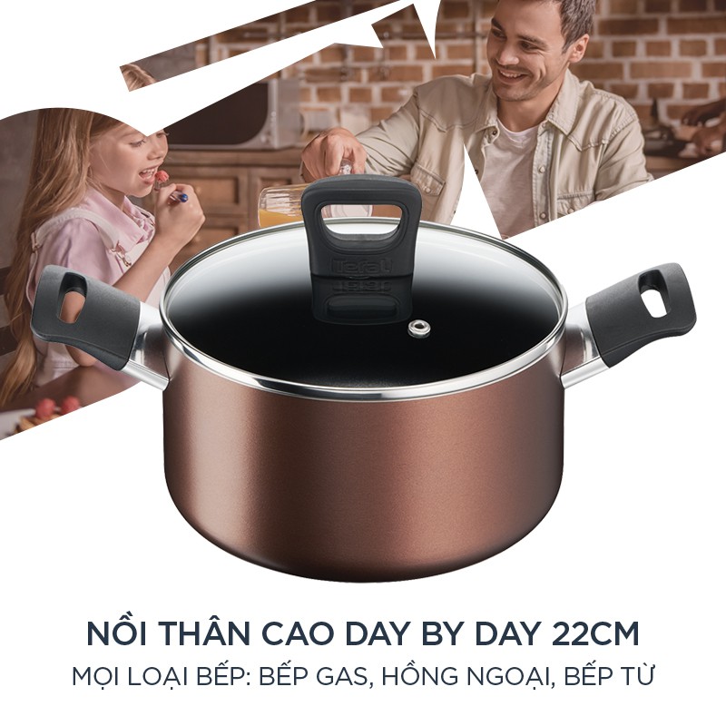 Nồi chống dính thân cao bếp từ, bếp gas, bếp hồng ngoại Tefal  - Day by Day 22cm - Thương hiệu Pháp