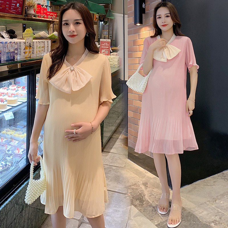 Váy bầu thiết kế - Đầm bầu dáng suông chất voan  phối nơ cổ trẻ trung V355