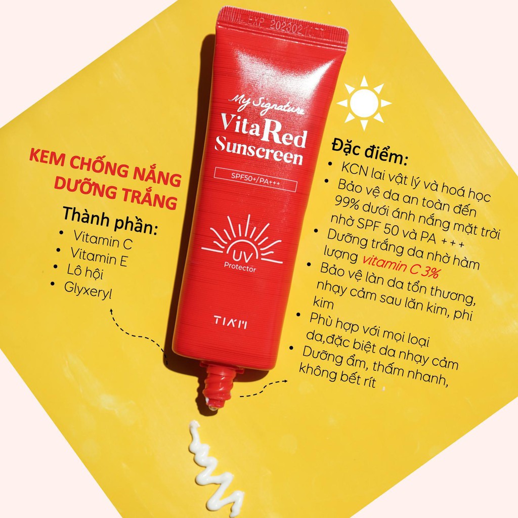 Kem Chống Nắng Dưỡng Trắng, Nâng Tông Da Tức Thì Tiam Vita Red Sunscreen 50ml SPF50+/PA+++ + tặng 1 Mặt Nạ BNBG