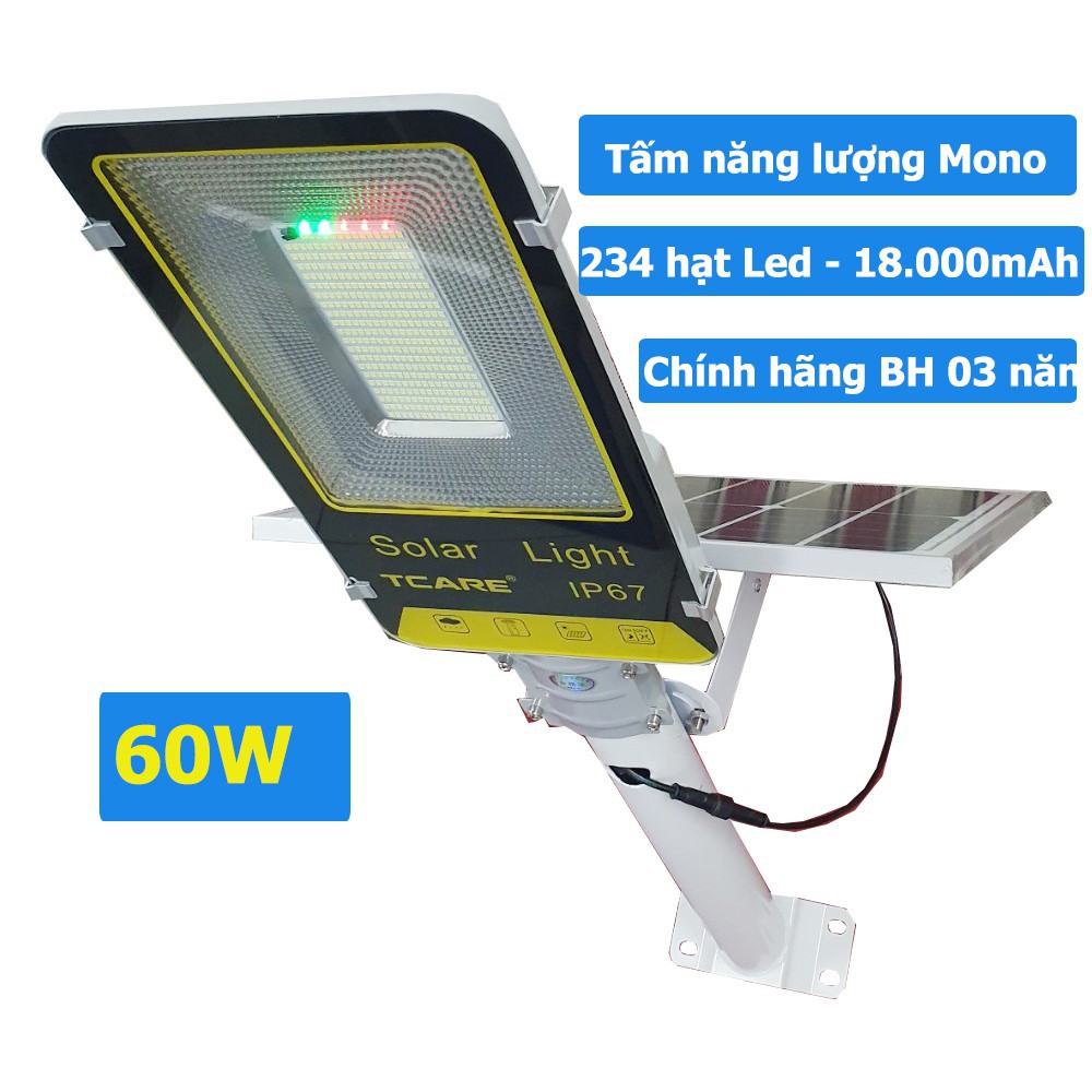 Đèn đường bàn chải năng lượng mặt trời 60W TCARE 234 hạt led, 18000mAh, Tấm năng lượng Mono