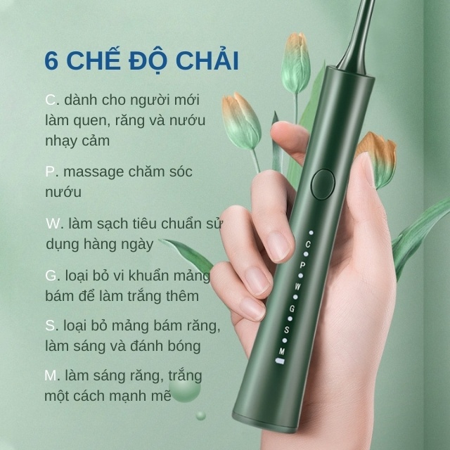 Bàn chải điện đánh răng sonic 6 chế độ chải kèm 5 đầu chải làm sạch trắng răng tự nhiên sạc điện chống nước xbh168