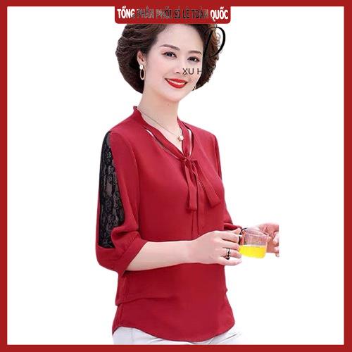 Áo lụa cổ tim tay ren lửng _áo sơ mi lụa hàng Quảng Châu cao cấp sang trọng